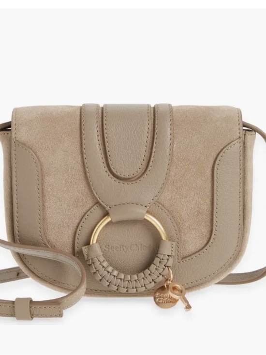 Handbags - Taupe Crossbody Saddle Bag with Gold Ring Accent